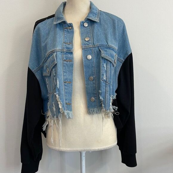Half Denim/Cotton Jacket with detachable hood - size large - Picture 1 of 6